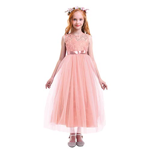 Odizli Blumenmädchenkleider Kinder Mädchen Ärmellos Spitze Tüllkleid Prinzessin Kleid Festlich Hochzeit Kommunionkleid Erstkommunion Geburtstag Party Abendkleid Lang Ballkleid Hellrosa 7-8 Jahre von Odizli