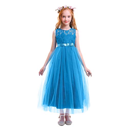 Odizli Blumenmädchenkleider Kinder Mädchen Ärmellos Spitze Tüllkleid Prinzessin Kleid Festlich Hochzeit Kommunionkleid Erstkommunion Geburtstag Party Abendkleid Lang Ballkleid See Blau 5-6 Jahre von Odizli