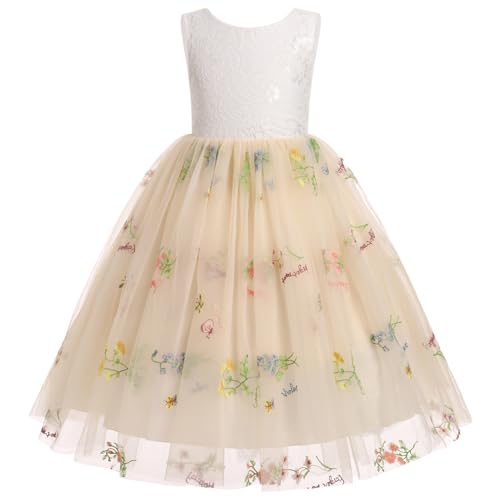 Odizli Blumenmädchenkleider Kinder Mädchen Ärmellos Stickerei Spitze Rückenfreies A-Linie Tüllkleid Prinzessin Kleid Festlich Hochzeit Erstkommunion Abendkleid Lang Ballkleid Aprikose 3-4 Jahre von Odizli