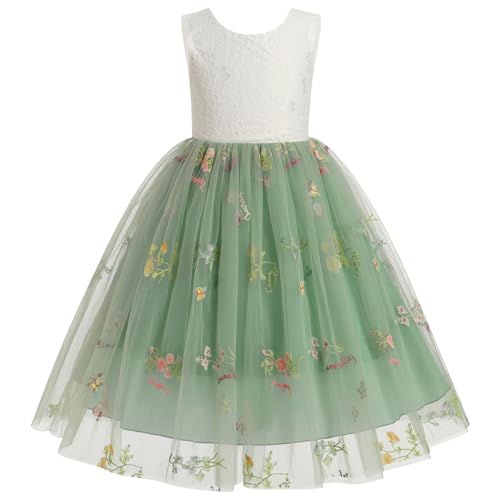 Odizli Blumenmädchenkleider Kinder Mädchen Ärmellos Stickerei Spitze Rückenfreies A-Linie Tüllkleid Prinzessin Kleid Festlich Hochzeit Erstkommunion Abendkleid Lang Ballkleid Grün 3-4 Jahre von Odizli