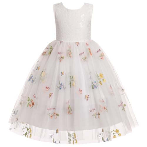 Odizli Blumenmädchenkleider Kinder Mädchen Ärmellos Stickerei Spitze Rückenfreies A-Linie Tüllkleid Prinzessin Kleid Festlich Hochzeit Erstkommunion Abendkleid Lang Ballkleid Weiß 11-12 Jahre von Odizli