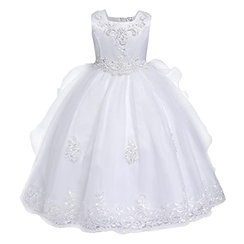 Odizli Blumenmädchenkleider Kinder Mädchen Abendkleid Ärmellose Perle Bowknot Prinzessin Tüllkleid Festliche Hochzeit Brautjungfern Erstkommunion Geburtstag Party Lang Prom Ballkleid Weiß 2-3 Jahre von Odizli