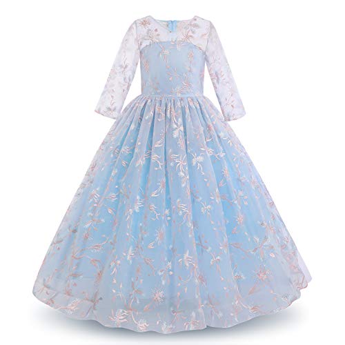 Blumenmädchenkleider Kinder Mädchen Festlich Lang Ballkleid 3/4 Ärmel Blume Stickerei Tüllkleid Prinzessin Kleid Hochzeit Brautjungfer Erstkommunion Geburtstag Party Abendkleid Blau 3-4 Jahre von Odizli