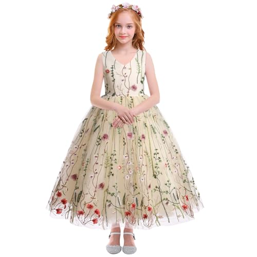 Odizli Blumenmädchenkleider Prinzessin Kleid Mädchen Ärmellos V-Ausschnitt Gestickte Tüllkleid Festliche Hochzeit Erstkommunion Kommunionkleid Geburtstag Lang Ballkleid Abendkleid Aprikose 11-12 Jahre von Odizli