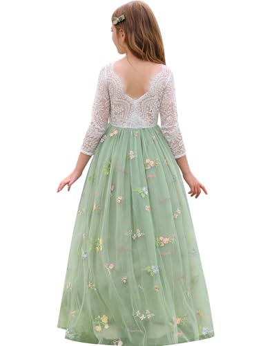 Odizli Blumenmädchenkleider Prinzessin Kleid Mädchen Kinder 3/4 Ärmel Spitze Rückenfreies A-Linie Tüllkleid Festlich Hochzeit Kommunionkleid Abendkleid Lang Ballkleid Grün Stickerei 5-6 Jahre von Odizli