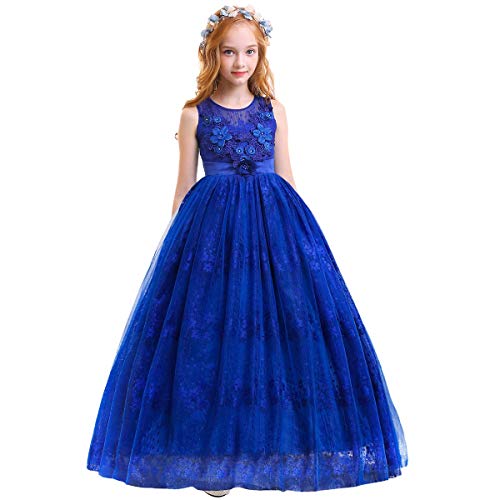 Odizli Blumenmädchenkleider Prinzessin Kleid Mädchen Kinder Ärmellos Blumen Perle Spitze Tüllkleid Festliche Langes Abendkleid Hochzeit Erstkommunion Geburtstag Partykleid Ballkleid Blau 4-5 Jahre von Odizli