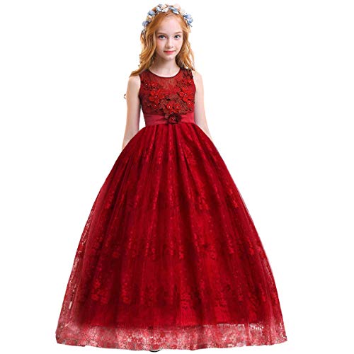 Odizli Blumenmädchenkleider Prinzessin Kleid Mädchen Kinder Ärmellos Blumen Perle Spitze Tüllkleid Festliche Langes Abendkleid Hochzeit Erstkommunion Geburtstag Partykleid Ballkleid Rot 11-12 Jahre von Odizli