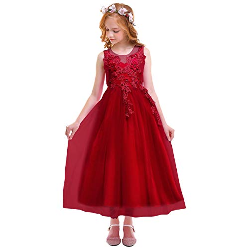 Odizli Blumenmädchenkleider Prinzessin Kleid Mädchen Kinder Ärmellos Blumen Spitze Stickerei Festliche Tüllkleid Hochzeit Erstkommunion Geburtstag Partykleid Langes Abendkleid Ballkleid Rot 5-6 Jahre von Odizli