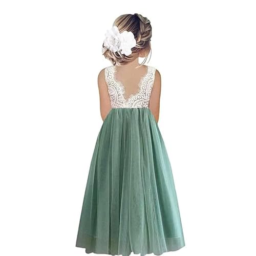 Odizli Blumenmädchenkleider Prinzessin Kleid Mädchen Kinder Ärmellos Spitze Rückenfreies A-Linie Tüllkleid Festlich Hochzeit Erstkommunion Geburtstag Abendkleid Lang Ballkleid Grün #A 11-12 Jahre von Odizli