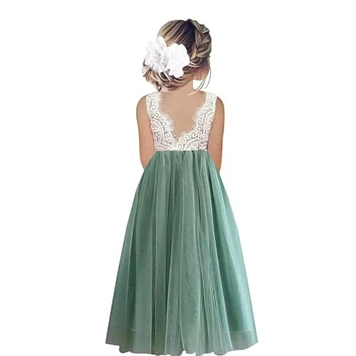 Odizli Blumenmädchenkleider Prinzessin Kleid Mädchen Kinder Ärmellos Spitze Rückenfreies A-Linie Tüllkleid Festlich Hochzeit Erstkommunion Geburtstag Abendkleid Lang Ballkleid Grün #A 13-14 Jahre von Odizli