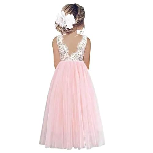Odizli Blumenmädchenkleider Prinzessin Kleid Mädchen Kinder Ärmellos Spitze Rückenfreies A-Linie Tüllkleid Festlich Hochzeit Erstkommunion Geburtstag Abendkleid Lang Ballkleid Rosa #A 11-12 Jahre von Odizli