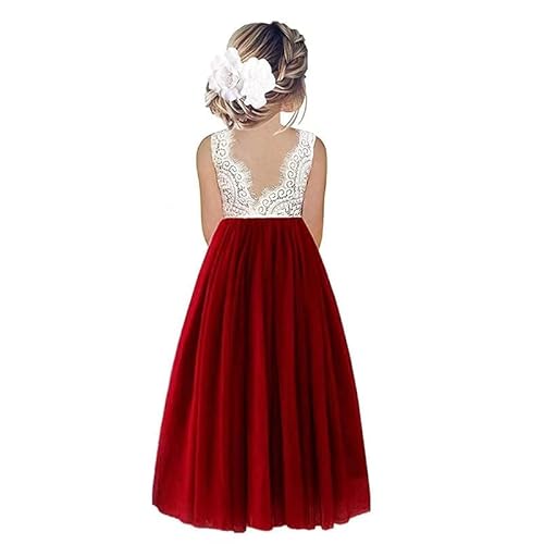 Odizli Blumenmädchenkleider Prinzessin Kleid Mädchen Kinder Ärmellos Spitze Rückenfreies A-Linie Tüllkleid Festlich Hochzeit Erstkommunion Geburtstag Abendkleid Lang Ballkleid Weinrot #A 11-12 Jahre von Odizli