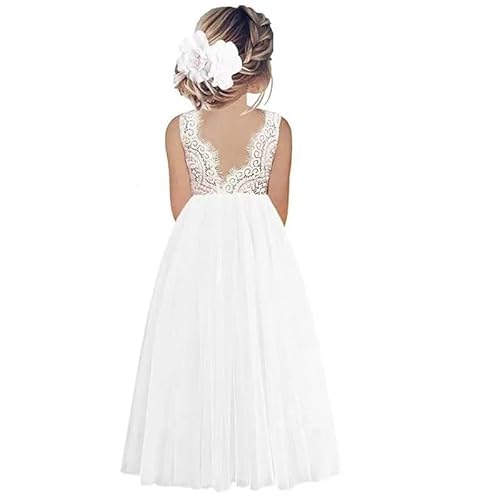 Odizli Blumenmädchenkleider Prinzessin Kleid Mädchen Kinder Ärmellos Spitze Rückenfreies A-Linie Tüllkleid Festlich Hochzeit Erstkommunion Geburtstag Abendkleid Lang Ballkleid Weiß #A 2-3 Jahre von Odizli