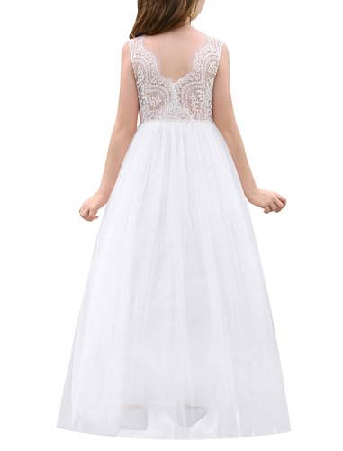 Odizli Blumenmädchenkleider Prinzessin Kleid Mädchen Kinder Ärmellos Spitze Rückenfreies A-Linie Tüllkleid Festlich Hochzeit Erstkommunion Kommunionkleid Abendkleid Lang Ballkleid Weiß 7-8 Jahre von Odizli