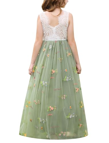 Odizli Blumenmädchenkleider Prinzessin Kleid Mädchen Kinder Ärmellos Spitze Rückenfreies A-Linie Tüllkleid Festlich Hochzeit Kommunionkleid Abendkleid Lang Ballkleid Grün Stickerei 7-8 Jahre von Odizli