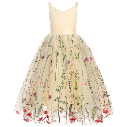 Odizli Blumenmädchenkleider Prinzessin Kleid Mädchen Kinder Ärmellos V-Ausschnitt A-Linie Tüllkleid Festlich Hochzeit Erstkommunion Kommunionkleid Abendkleid Lang Ballkleid Aprikose Stickerei 10 Jahre von Odizli