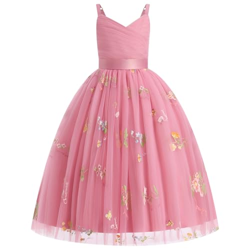 Odizli Blumenmädchenkleider Prinzessin Kleid Mädchen Kinder Ärmellos V-Ausschnitt A-Linie Tüllkleid Festlich Hochzeit Erstkommunion Kommunionkleid Abendkleid Lang Ballkleid Rosa Stickerei 6 Jahre von Odizli