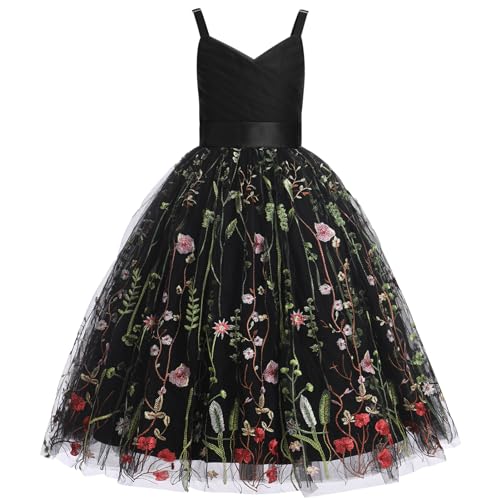 Odizli Blumenmädchenkleider Prinzessin Kleid Mädchen Kinder Ärmellos V-Ausschnitt A-Linie Tüllkleid Festlich Hochzeit Erstkommunion Kommunionkleid Abendkleid Lang Ballkleid Schwarz Stickerei 9 Jahre von Odizli