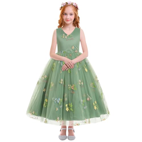 Odizli Blumenmädchenkleider Prinzessin Kleid Mädchen Kinder Ärmellos V-Ausschnitt Gestickte Tüllkleid Festliche Hochzeit Erstkommunion Kommunionkleid Geburtstag Lang Ballkleid Grün 4-5 Jahre von Odizli