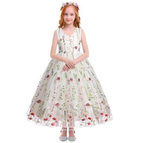 Odizli Blumenmädchenkleider Prinzessin Kleid Mädchen Kinder Ärmellos V-Ausschnitt Gestickte Tüllkleid Festliche Hochzeit Erstkommunion Kommunionkleid Geburtstag Lang Ballkleid Weiß 6-7 Jahre von Odizli