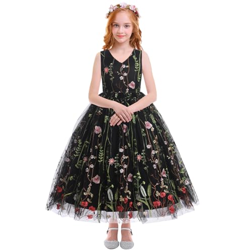 Odizli Blumenmädchenkleider Prinzessin Kleid Mädchen Kinder Ärmellos V-Ausschnitt Gestickte Tüllkleid Festliche Hochzeit Erstkommunion Kommunionkleid Lang Ballkleid Abendkleid Schwarz 4-5 Jahre von Odizli