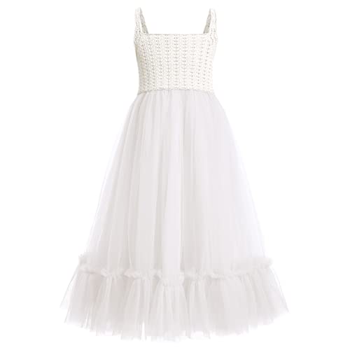 Odizli Blumenmädchenkleider Prinzessin Kleid Mädchen Kinder Boho Crochet Top A-Linie Tüllkleid Festliche Hochzeit Erstkommunion Kommunionkleid Abendkleid Lang Ballkleid Weiß Spaghetti 8-9 Jahre von Odizli