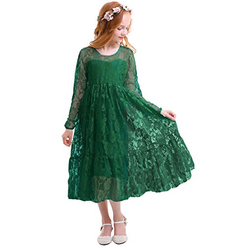 Odizli Blumenmädchenkleider Prinzessin Kleid Mädchen Kinder Langarm Blumen Spitzenkleider Festliche Hochzeit Erstkommunion Geburtstag Weihnachten Partykleid Abendkleid Lang Ballkleid Grün 10-11 Years von Odizli