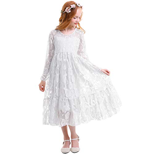 Odizli Blumenmädchenkleider Prinzessin Kleid Mädchen Kinder Langarm Blumen Spitzenkleider Festliche Hochzeit Erstkommunion Geburtstag Weihnachten Partykleid Abendkleid Lang Ballkleid Weiß 5-6 Years von Odizli