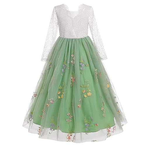 Odizli Blumenmädchenkleider Prinzessin Kleid Mädchen Kinder Langarm Spitze Rückenfreies A-Linie Tüllkleid Festliche Hochzeit Erstkommunion Abendkleid Lang Ballkleid Grün-Stickerei 5-6 Jahre von Odizli