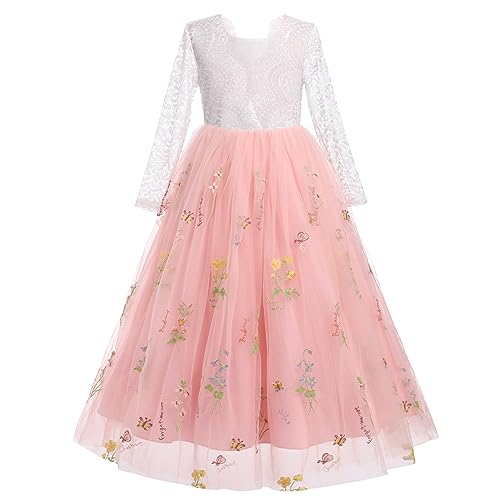 Odizli Blumenmädchenkleider Prinzessin Kleid Mädchen Kinder Langarm Spitze Rückenfreies A-Linie Tüllkleid Festliche Hochzeit Erstkommunion Abendkleid Lang Ballkleid Rosa-Stickerei 11-12 Jahre von Odizli