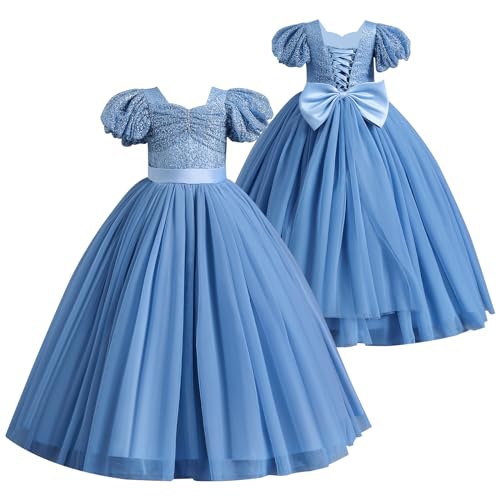 Odizli Blumenmädchenkleider Prinzessin Kleid Mädchen Kinder Puff Ärmel Glitzer Pailletten A-Linie Tüllkleid Festlich Hochzeit Erstkommunion Geburtstag Abendkleid Lang Ballkleid Blau 9-10 Jahre von Odizli