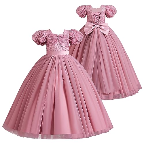 Odizli Blumenmädchenkleider Prinzessin Kleid Mädchen Kinder Puff Ärmel Glitzer Pailletten A-Linie Tüllkleid Festlich Hochzeit Erstkommunion Geburtstag Abendkleid Lang Ballkleid Bohnenrosa 9-10 Jahre von Odizli
