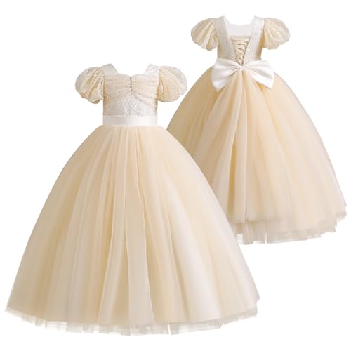 Odizli Blumenmädchenkleider Prinzessin Kleid Mädchen Kinder Puff Ärmel Glitzer Pailletten A-Linie Tüllkleid Festlich Hochzeit Erstkommunion Geburtstag Abendkleid Lang Ballkleid Champagner 6-7 Jahre von Odizli