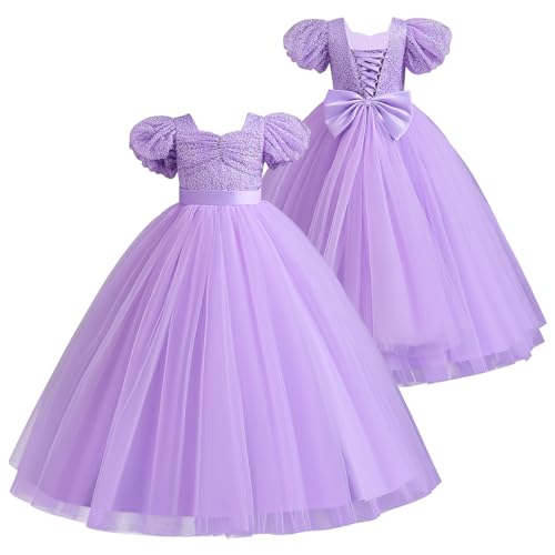 Odizli Blumenmädchenkleider Prinzessin Kleid Mädchen Kinder Puff Ärmel Glitzer Pailletten A-Linie Tüllkleid Festlich Hochzeit Erstkommunion Geburtstag Abendkleid Lang Ballkleid Lila 6-7 Jahre von Odizli