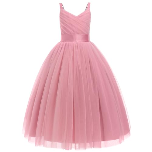 Odizli Blumenmädchenkleider Prinzessin Kleid Mädchen Kinder Spaghettiträger V-Ausschnitt A-Linie Tüllkleid Festlich Hochzeit Erstkommunion Kommunionkleid Abendkleid Lang Ballkleid Bohnenrosa 7 Jahre von Odizli