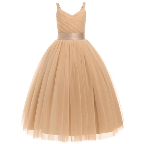 Odizli Blumenmädchenkleider Prinzessin Kleid Mädchen Kinder Spaghettiträger V-Ausschnitt A-Linie Tüllkleid Festlich Hochzeit Erstkommunion Kommunionkleid Abendkleid Lang Ballkleid Champagner 9 Jahre von Odizli