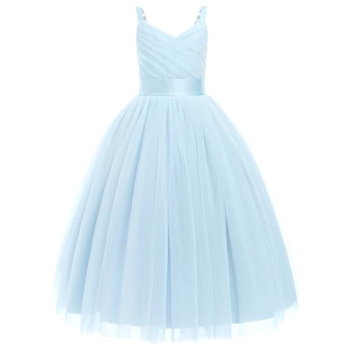 Odizli Blumenmädchenkleider Prinzessin Kleid Mädchen Kinder Spaghettiträger V-Ausschnitt A-Linie Tüllkleid Festlich Hochzeit Erstkommunion Kommunionkleid Abendkleid Lang Ballkleid Hellblau 10 Jahre von Odizli