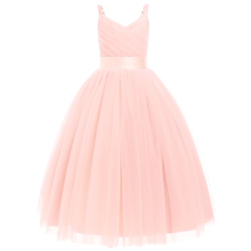 Odizli Blumenmädchenkleider Prinzessin Kleid Mädchen Kinder Spaghettiträger V-Ausschnitt A-Linie Tüllkleid Festlich Hochzeit Erstkommunion Kommunionkleid Abendkleid Lang Ballkleid Hellrosa 10 Jahre von Odizli