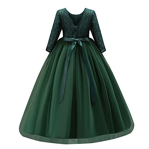 Odizli Blumenmädchenkleider Prinzessin Kleid Mädchen Lang Abendkleid Kinder 3/4 Ärmel Spitze Stickerei Tüllkleid Festlich Hochzeit Erstkommunion Geburtstag Partykleid Ballkleid Dunkelgrün 11-12 Jahre von Odizli