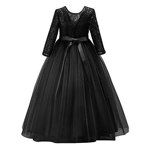 Odizli Blumenmädchenkleider Prinzessin Kleid Mädchen Lang Abendkleid Kinder 3/4 Ärmel Spitze Stickerei Tüllkleid Festlich Hochzeit Erstkommunion Geburtstag Partykleid Ballkleid Schwarz 11-12 Jahre von Odizli