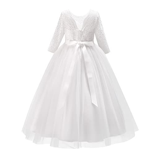 Odizli Blumenmädchenkleider Prinzessin Kleid Mädchen Lang Abendkleid Kinder 3/4 Ärmel Spitze Stickerei Tüllkleid Festlich Hochzeit Erstkommunion Geburtstag Partykleid Ballkleid Weiß 5-6 Jahre von Odizli