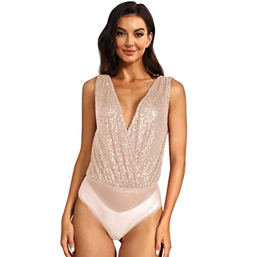 Odizli Body Damen Elegant Sexy Ärmellos V-Ausschnitt Glitzer Pailletten Oberteile Top Festliche Hochzeit Party Sommer Clubwear Bodysuit Women Festival Rave Outfit Blusenbody Kurz Jumpsuit Aprikose L von Odizli