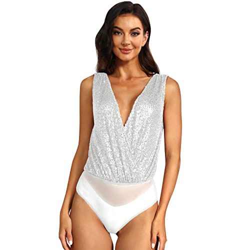 Odizli Body Damen Elegant Sexy Ärmellos V-Ausschnitt Glitzer Pailletten Oberteile Top Festliche Hochzeit Party Sommer Clubwear Bodysuit Women Festival Rave Outfit Overall Kurz Jumpsuit Silber S von Odizli