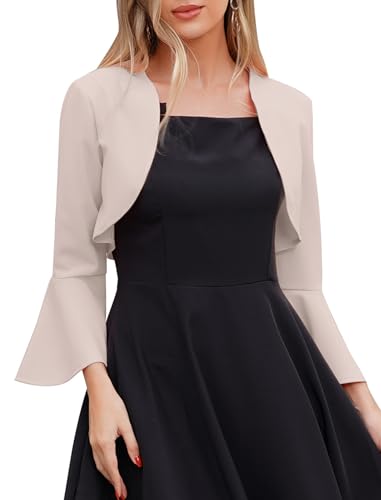 Odizli Bolero Damen Festlich Elegant 3/4 Ärmel Open Front Cardigan Top Blaser Jacke Kurz Blazer zum Kleid Hochzeit Hochzeitsgast Schulterjacke Jäckchen für Abendkleid Champagner L von Odizli