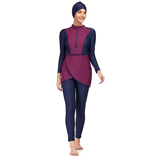 Odizli Burkini Damen Muslim Frauen Muslimische Badeanzug Full Cover Schwimmanzug Islamisch Arabisch Jilbab Langarm Schwimmoberteile Built in Bra+Schwimmhose+Hijab 3tlg Modest Bademode 4#Lila M von Odizli
