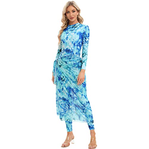 Odizli Burkini Damen Muslim Frauen Muslimische Badeanzug Islamische Langarm Body+Badehose+Wickelrock Pareo Sarong Strandrock Schwimmanzug Modest Bademode Lang Surfanzug Himmelblau Tie Dye 4PCS S von Odizli