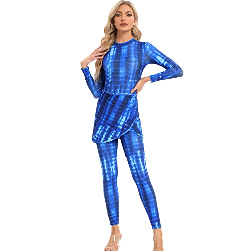 Odizli Burkini Damen Muslim Frauen Muslimische Badeanzug Islamische Langarm Body+Badehose+Wickelrock Pareo Sarong Strandrock Schwimmanzug Modest Bademode Sommer Lang Surfanzug Blau Tie Dye 3PCS S von Odizli