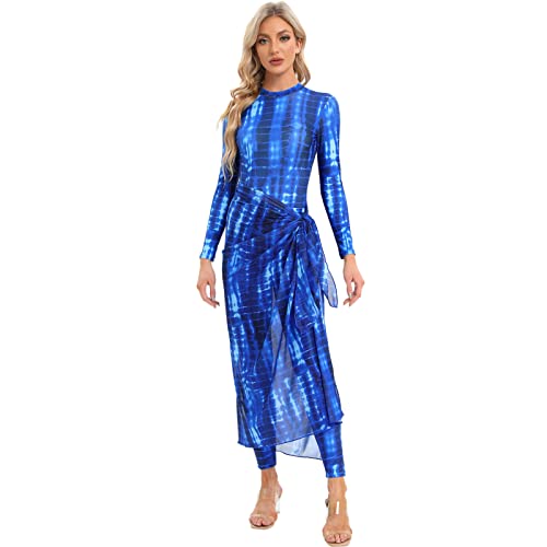 Odizli Burkini Damen Muslim Frauen Muslimische Badeanzug Islamische Langarm Body+Badehose+Wickelrock Pareo Sarong Strandrock Schwimmanzug Modest Bademode Sommer Lang Surfanzug Blau Tie Dye 4PCS L von Odizli