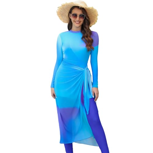 Odizli Burkini Damen Muslim Frauen Muslimische Badeanzug Islamische Langarm Body+Badehose+Wickelrock Pareo Sarong Tuch Strandrock Schwimmanzug Modest Bademode Sommer Lang Surfanzug Blau 4pcs XXL von Odizli