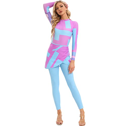 Odizli Burkini Damen Muslim Frauen Muslimische Badeanzug Islamische Langarm Body+Badehose+Wickelrock Pareo Sarong Tuch Strandrock Schwimmanzug Modest Bademode Sommer Lang Surfanzug Rosa Blau 3PCS L von Odizli